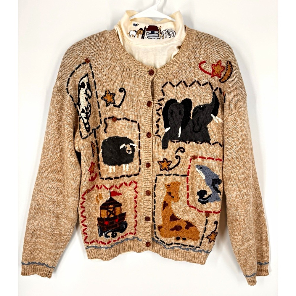 VTG Women Hand Embroidered Noah's Ark 2 Piece Cardigan Patchwork XL Storybook